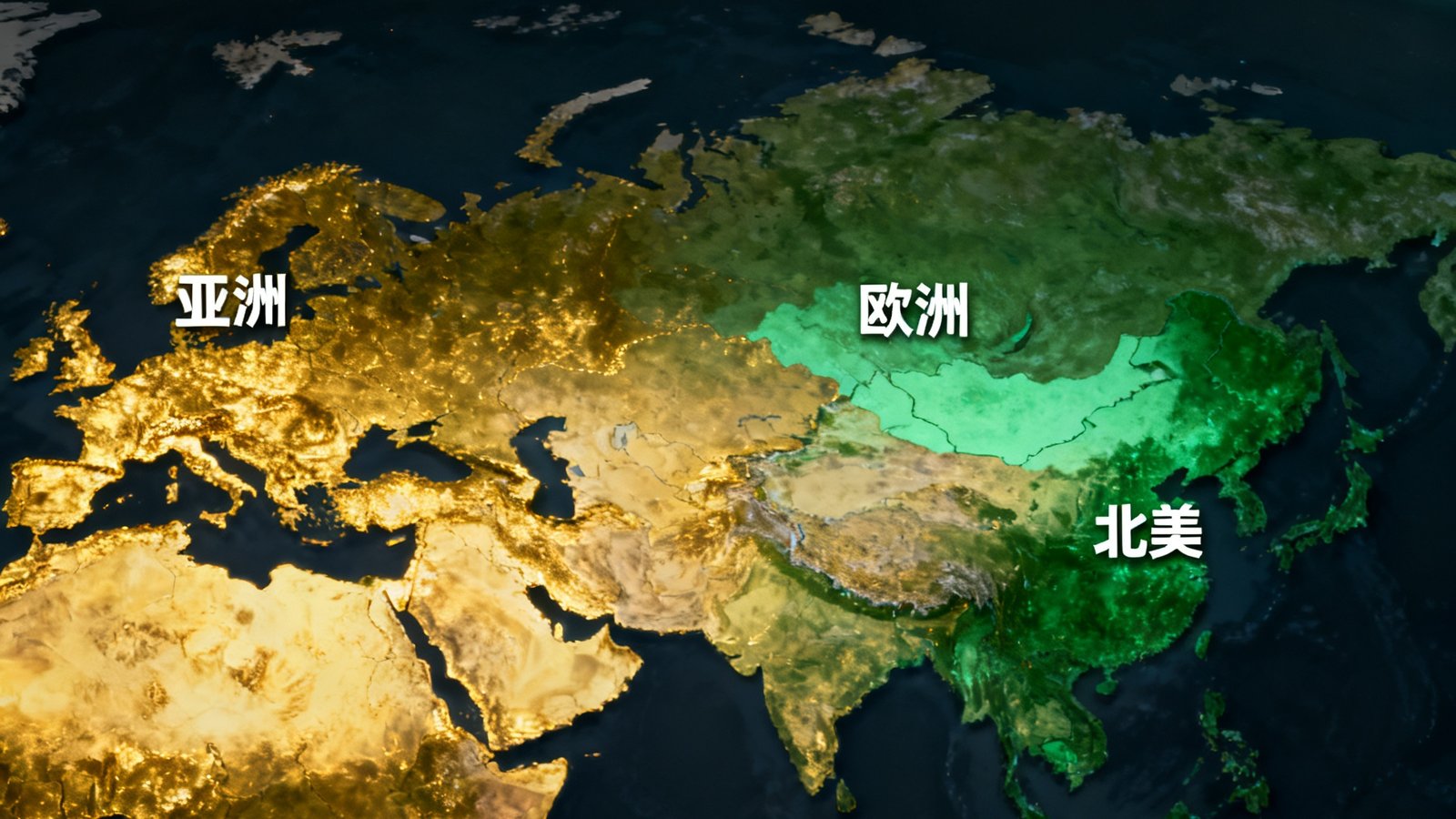 华体会全球赛事覆盖热力地图数据可视化展示，亚洲区域以金色高亮显示，欧洲和北美区域以不同深浅的绿色标识，展示平台覆盖的200多个联赛地理分布